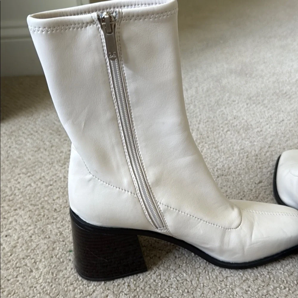 Cream Square-Toe Block Heel Ankle Boots